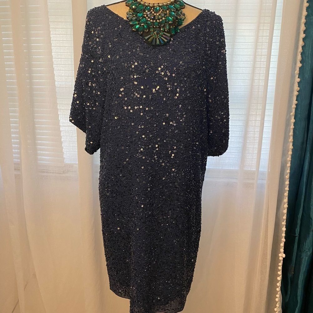 Aidan Mattox100% Silk Dark Blue Beaded Tunic Dress, M-L